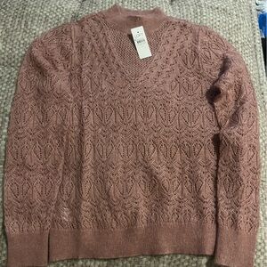 LOFT V-Neck Lace Knit Sweater - Dusty Pink